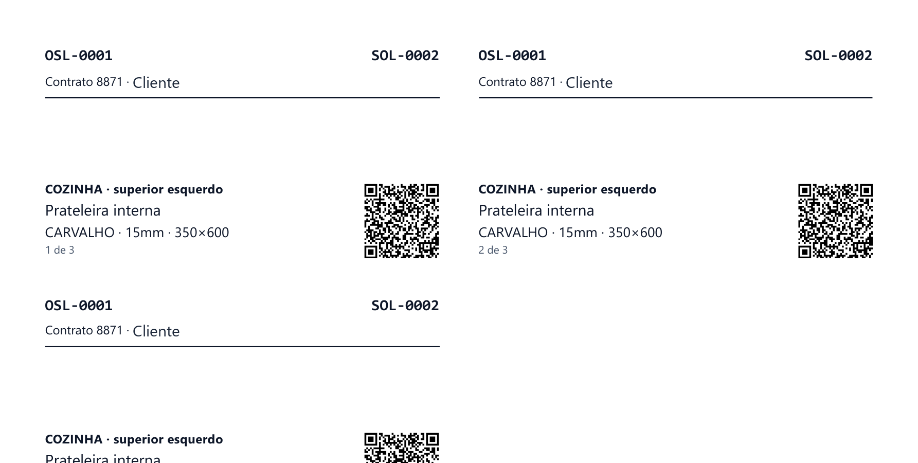 Folha de etiquetas A4 com QR code, uma por peça, gerada pelo Flowli para o recebimento na obra