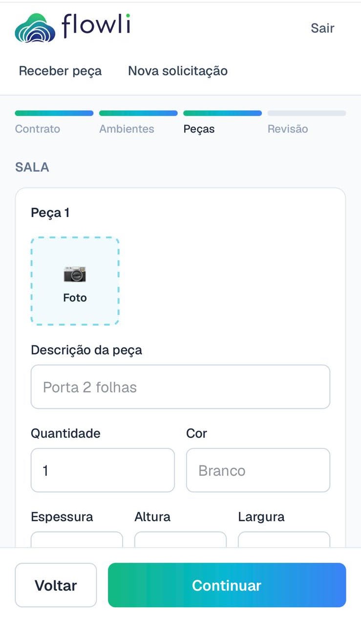 Tela do montador no celular, abrindo uma solicitação com foto da peça direto na obra